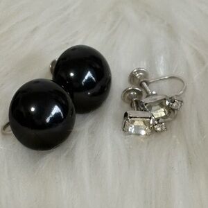 Vintage Black Plastic Clip-On Earrings with Clear Rhinestone Clips